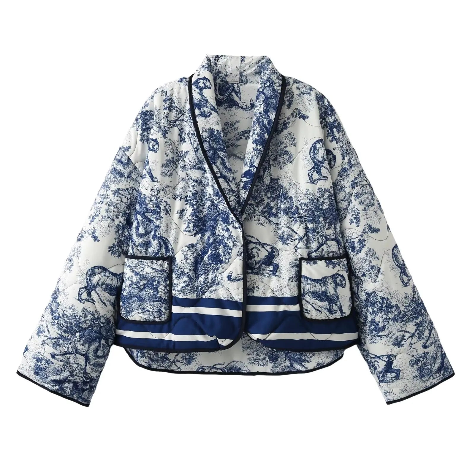 2024 Autumn And Winter New Women's Clothing European And American Ins Style Loose Collared Contrasting Printed Cotton Jacket