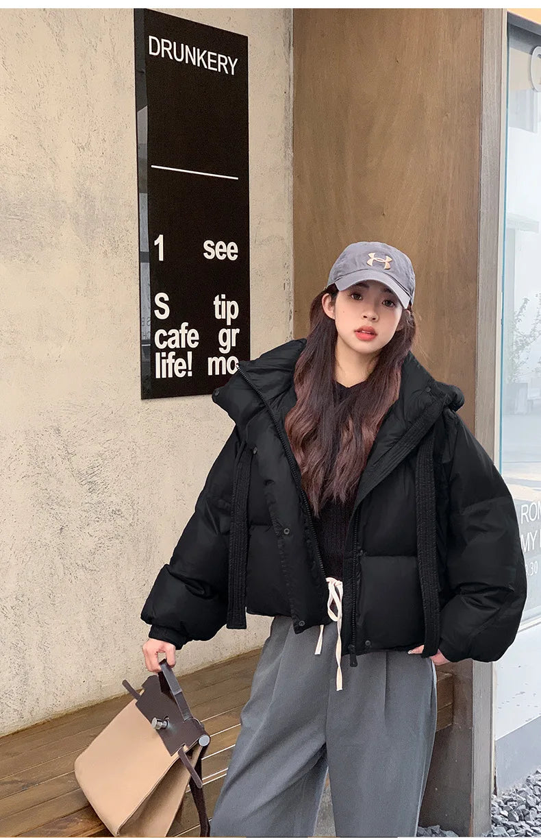 Chic Winter Cotton Coat Cropped Jackets Women Warm Design Parkas Puffer Jacket Bow Tie Streetwear Cold Jacket Winter Clothes