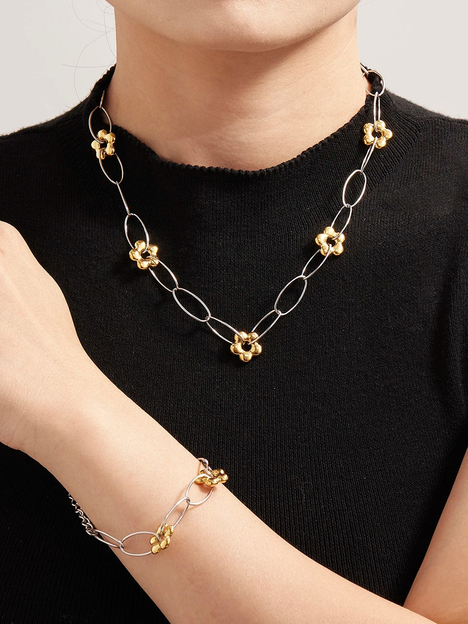 Stainless Steel Chain Necklace Bracelet For Women 18k Gold Plated Waterproof Non Tarnish Women's Bracelets Necklaces Jewelry Set