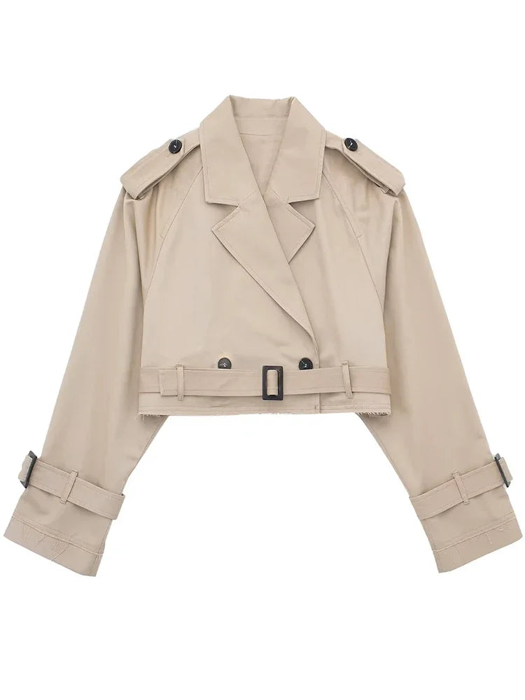 2025 Belt Cropped Trench Spring Jacket Women Vintage Streetwear Double Breasted Long Sleeve Top Female Coat Outfits