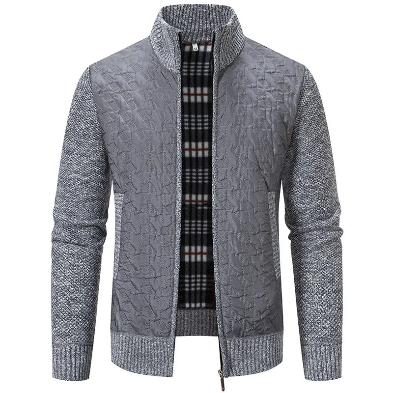 Mens Windproof Jacket Full Zip Fleeced Sweater Cardigan Contrast Stand Collar Sweaters Coat Autumn Winter Velvet Clothes
