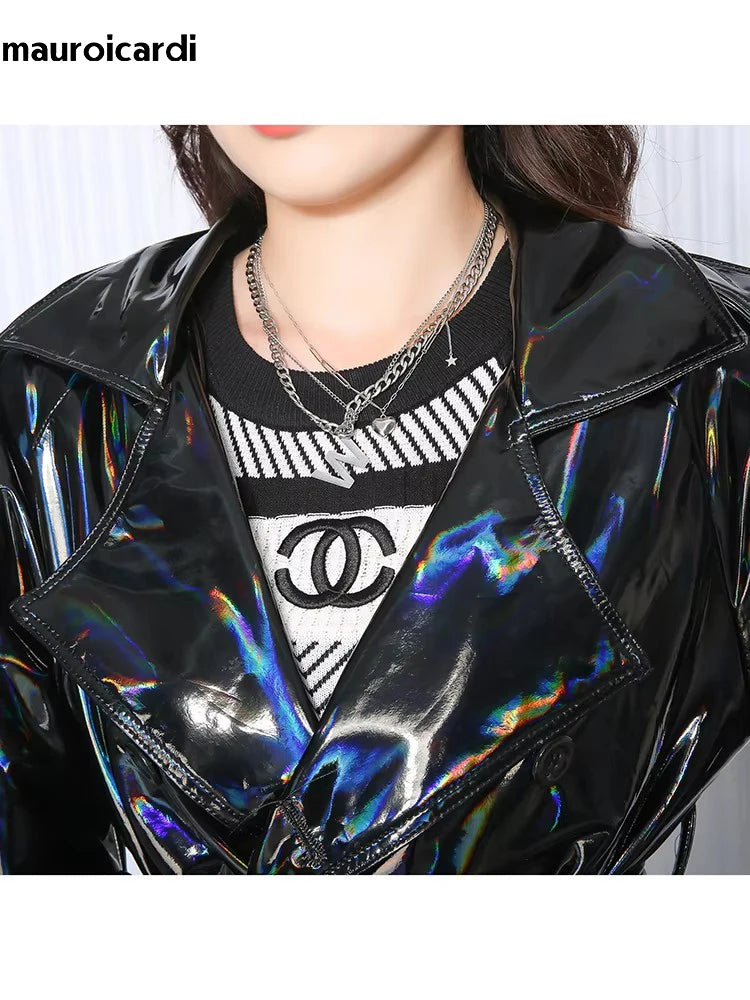 Mauroicardi Spring Soft Thin Flowy Shiny Reflective Holographic Black PVC Faux Leather Trench Coat for Women Maxi Y2K Streetwear