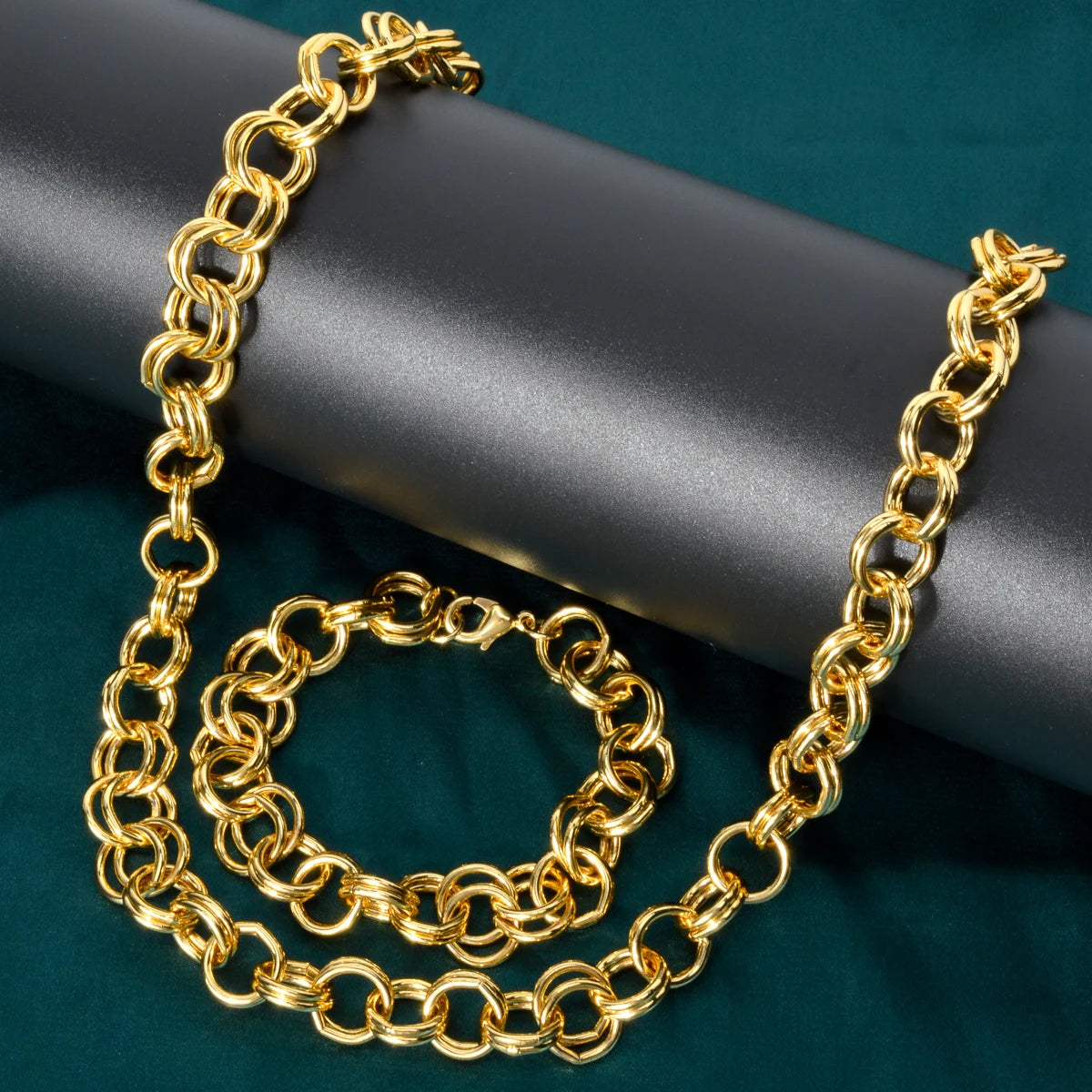 2pcs Gold Plated Necklace Bracelet For Man Women Link Chain Necklace Bracelet O Chain Jewelry Set Punk Hiphop Party Wedding Gift