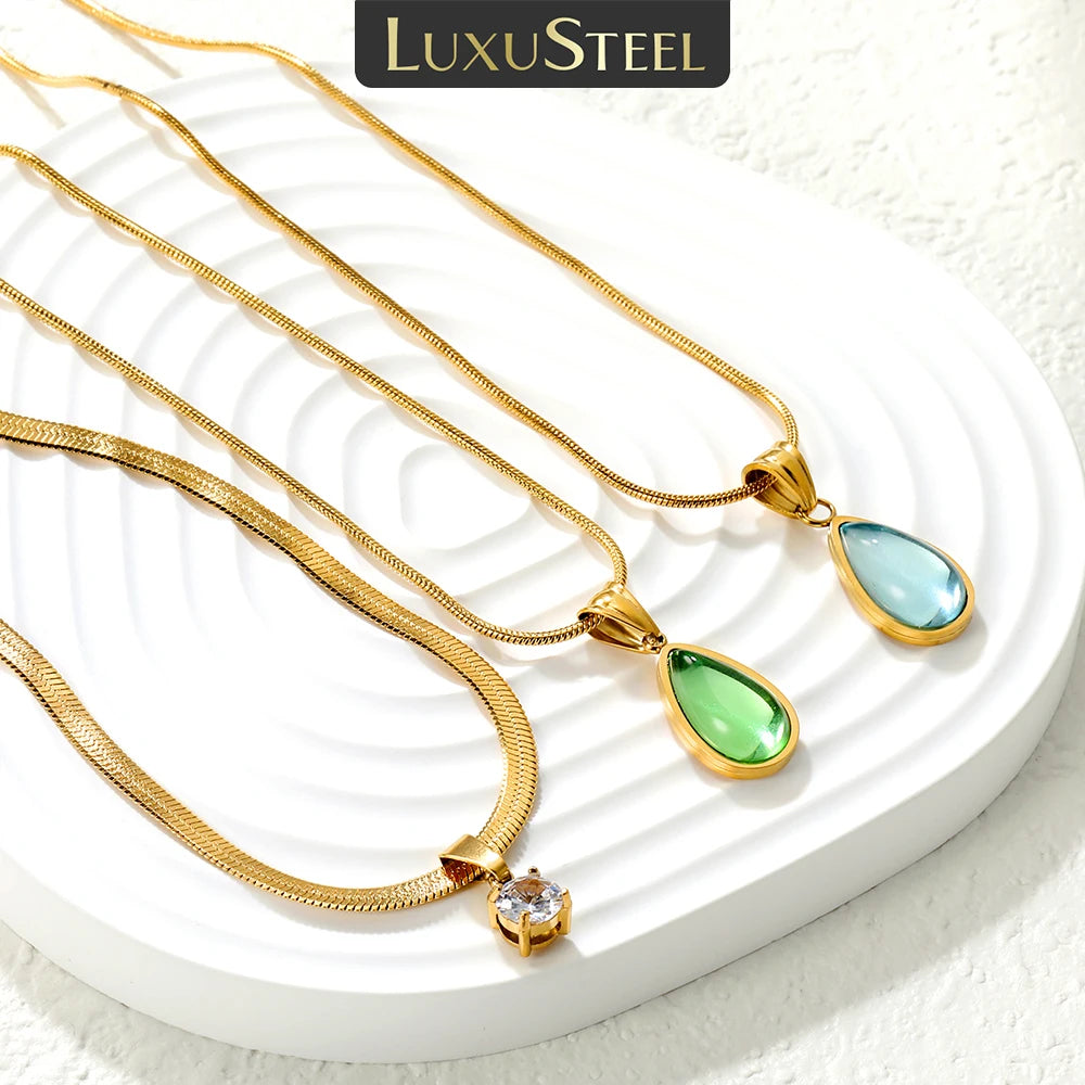 LUXUSTEEL Colorful Water Droplet Women Pendant Necklace Stainless Steel Round Cubic Zirconia Female Chain Necklace Jewelry Gift