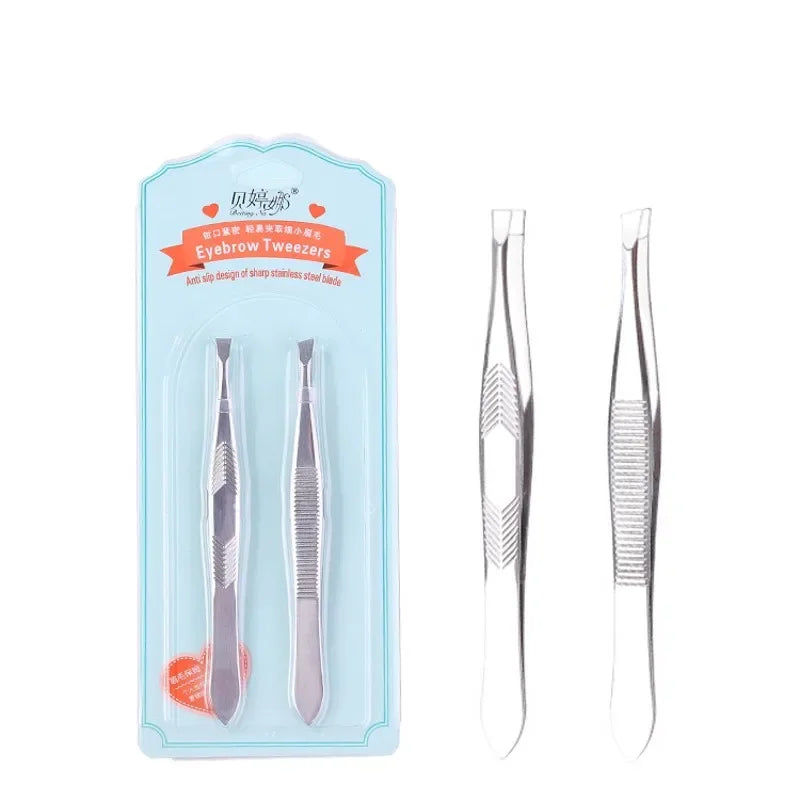 2Pcs/Set Eyebrow Tweezers Face Hair Removal Slanted Flat Tips Stainless Steel Eyelash Clip Brow Trimming Tweezer Makeup Tools