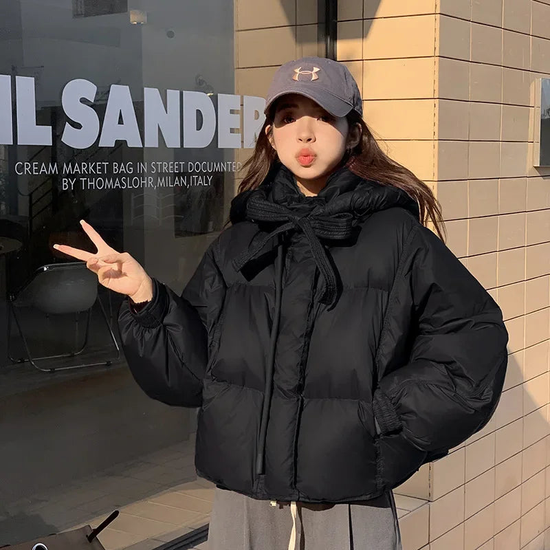 Chic Winter Cotton Coat Cropped Jackets Women Warm Design Parkas Puffer Jacket Bow Tie Streetwear Cold Jacket Winter Clothes