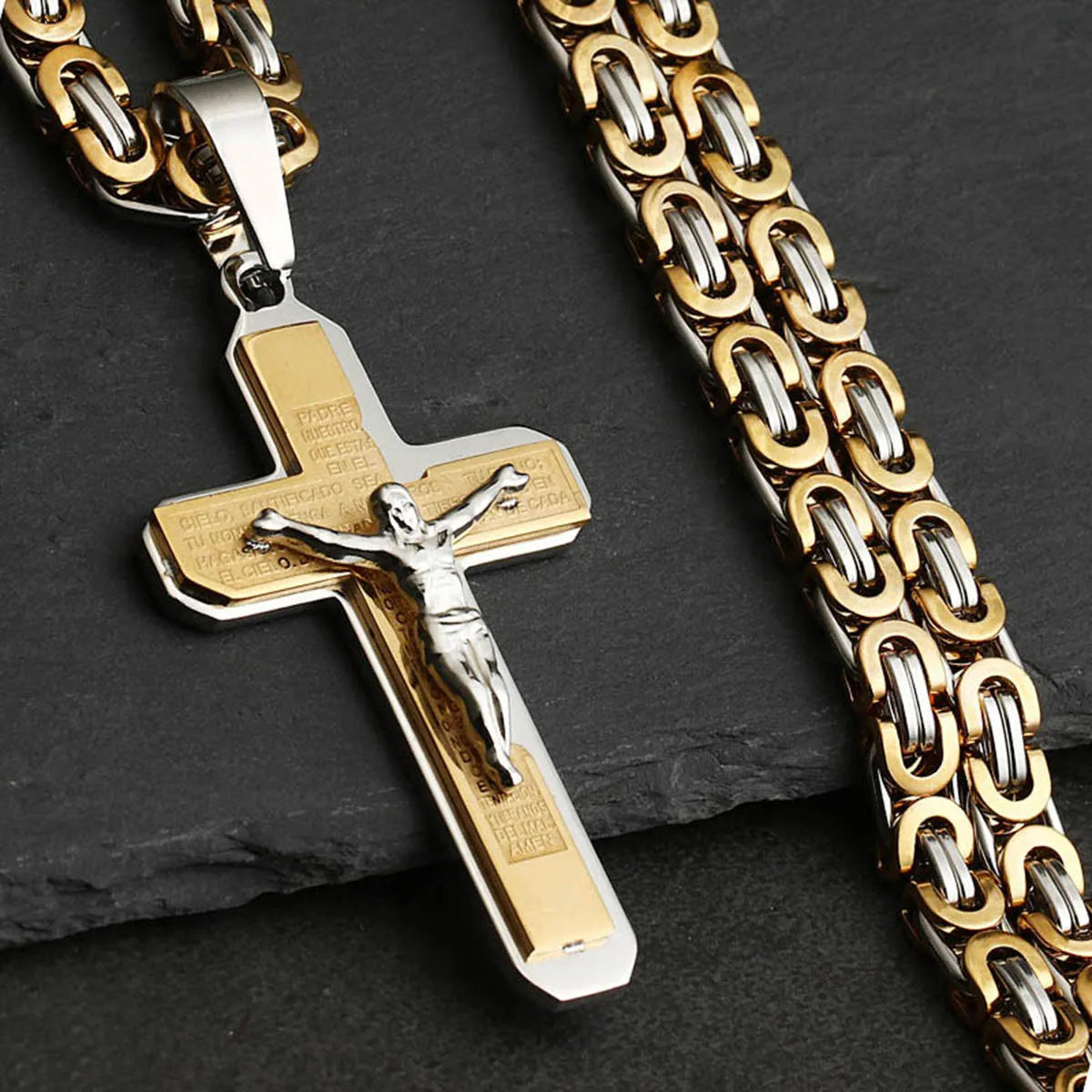 Christian Crucifix Jesus Christ Cross Necklace with Bible Stainless Steel Byzantine Chain Necklace Baptism Prayer Jewelry Men
