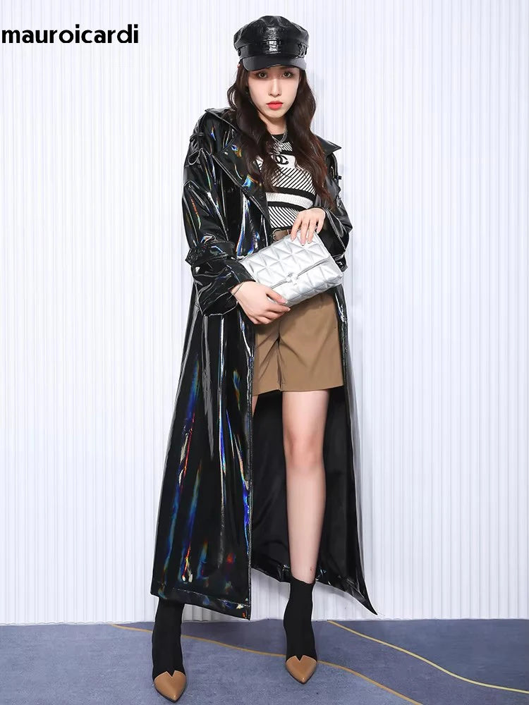 Mauroicardi Spring Soft Thin Flowy Shiny Reflective Holographic Black PVC Faux Leather Trench Coat for Women Maxi Y2K Streetwear
