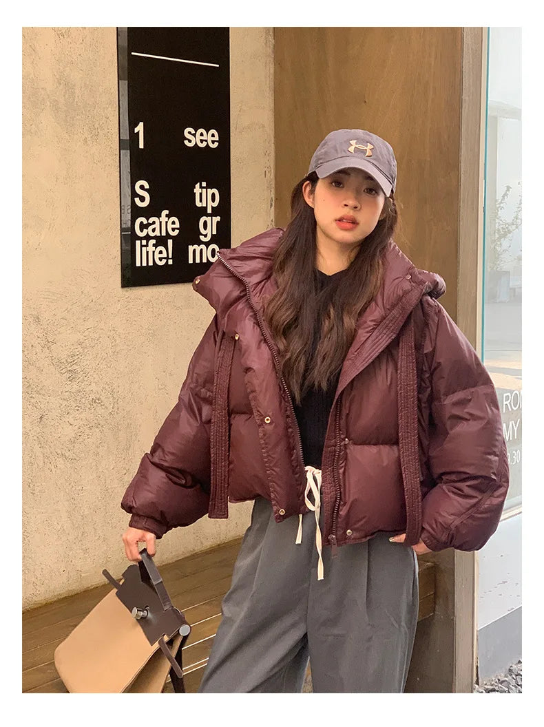 Chic Winter Cotton Coat Cropped Jackets Women Warm Design Parkas Puffer Jacket Bow Tie Streetwear Cold Jacket Winter Clothes