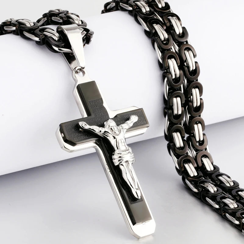 Christian Crucifix Jesus Christ Cross Necklace with Bible Stainless Steel Byzantine Chain Necklace Baptism Prayer Jewelry Men