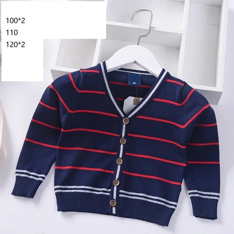New Boys Cardigan Sweater Autumn Baby Knit Children Coat Kids Cartoon Sweater Clothes V-Neck Stripe Toddler Jacket 0-5y