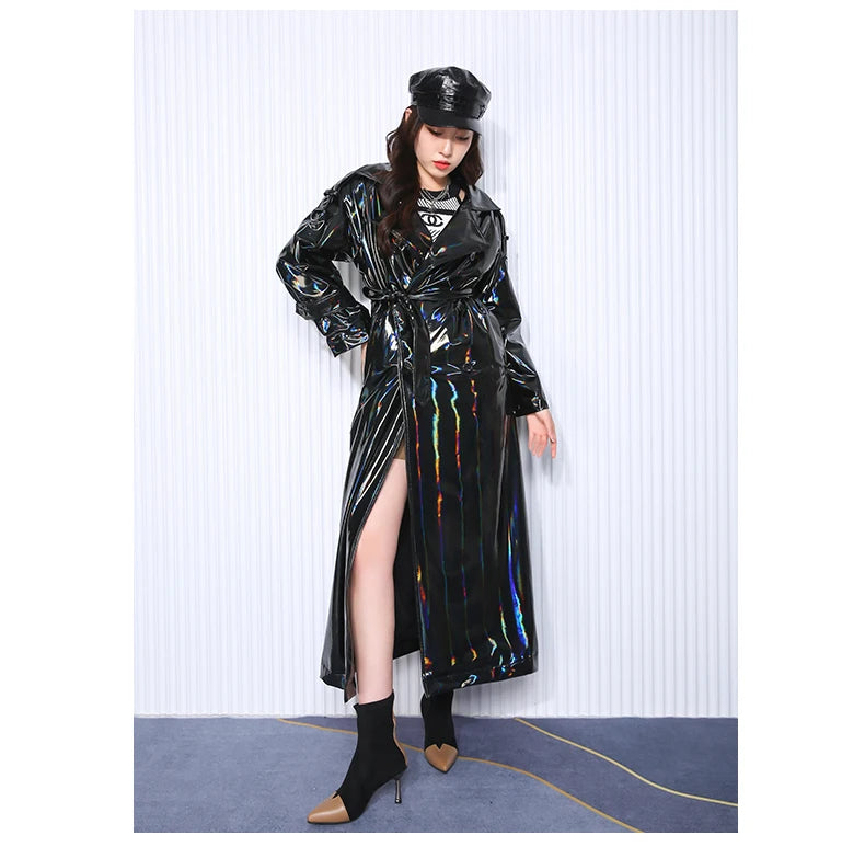 Mauroicardi Spring Soft Thin Flowy Shiny Reflective Holographic Black PVC Faux Leather Trench Coat for Women Maxi Y2K Streetwear