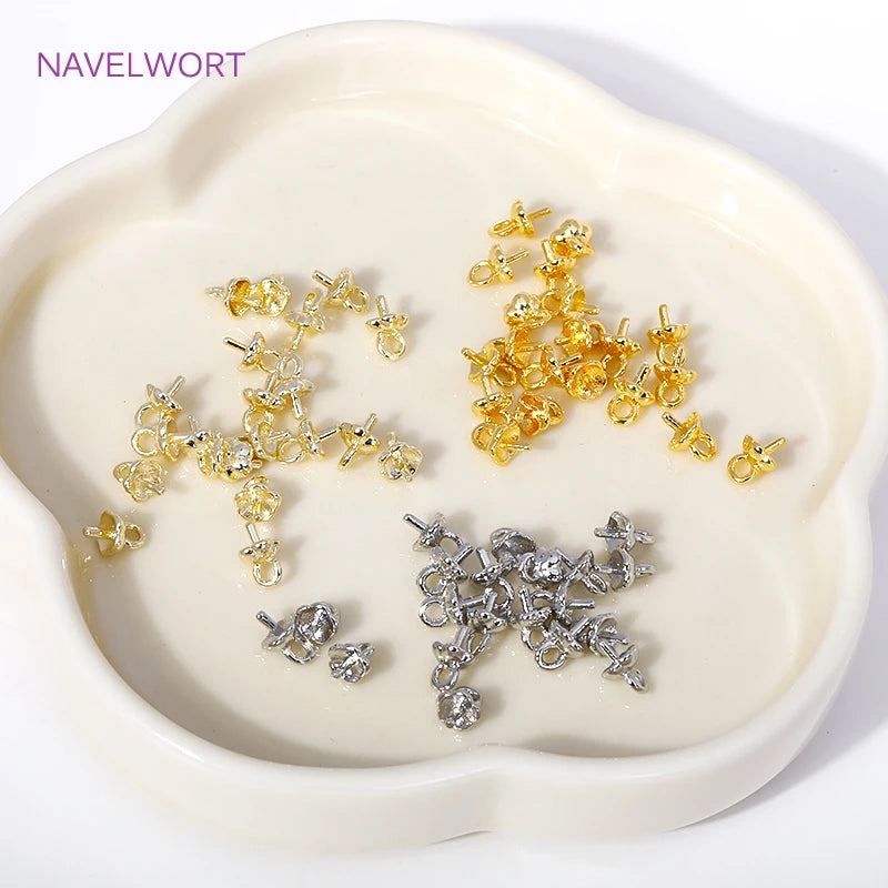 4MM 18K Gold Plated Flower Cup Pearl Pendant Mounting Connectors With Cap And Peg For DIY Jewelry Making Accessories Wholesale