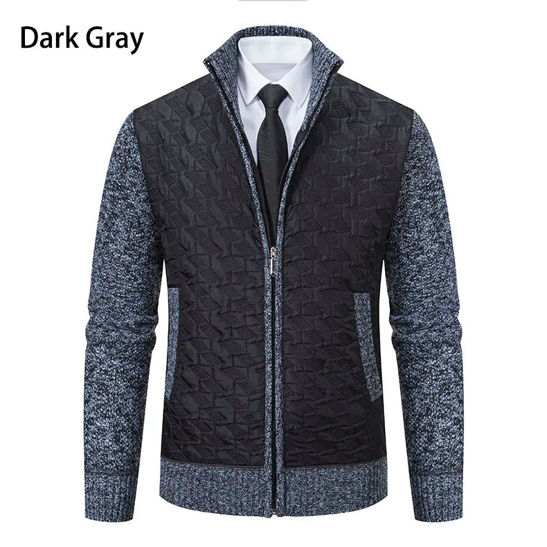 Mens Windproof Jacket Full Zip Fleeced Sweater Cardigan Contrast Stand Collar Sweaters Coat Autumn Winter Velvet Clothes