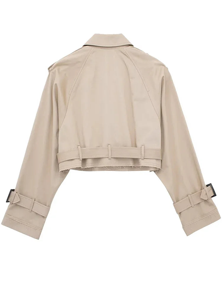 2025 Belt Cropped Trench Spring Jacket Women Vintage Streetwear Double Breasted Long Sleeve Top Female Coat Outfits