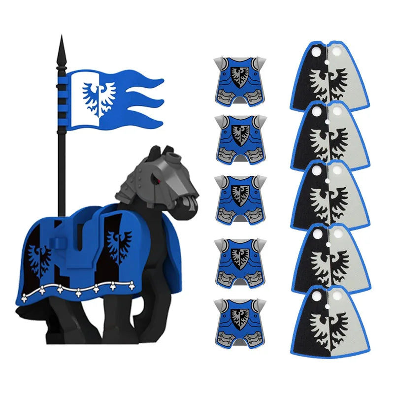 Medieval Military MOC Castle Knight Accessory Building Blocks Warhorse Cape Plush Coat Vest Shield Flag Kit Mini Toy Bricks Gift