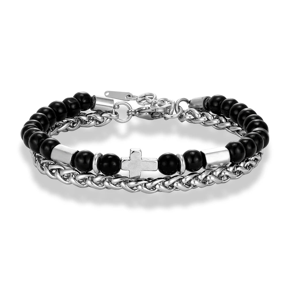 6mmTiger Eye Bead Norse Bear Head Viking Skull Cross Bracelet Men Stainless Steel Eye of Horus/Tree of Life Bangle Charm Jewelry