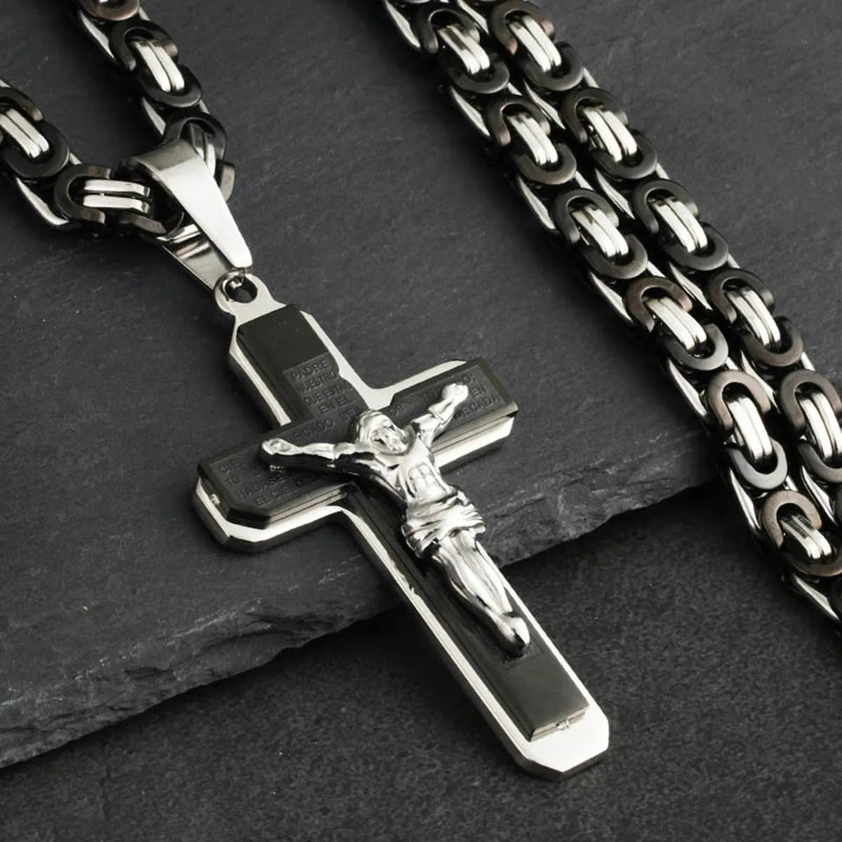 Christian Crucifix Jesus Christ Cross Necklace with Bible Stainless Steel Byzantine Chain Necklace Baptism Prayer Jewelry Men