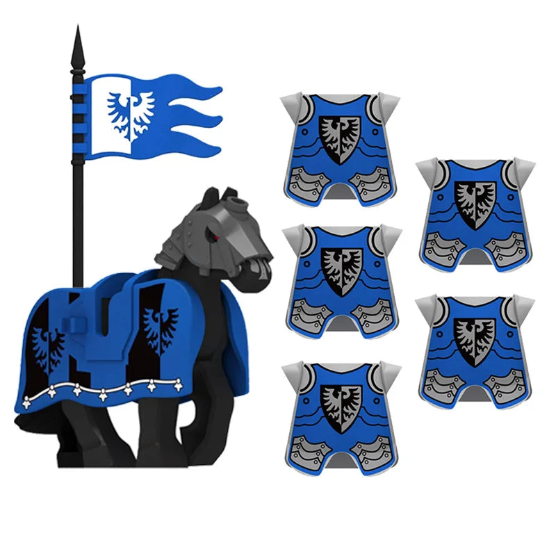 Medieval Military MOC Castle Knight Accessory Building Blocks Warhorse Cape Plush Coat Vest Shield Flag Kit Mini Toy Bricks Gift