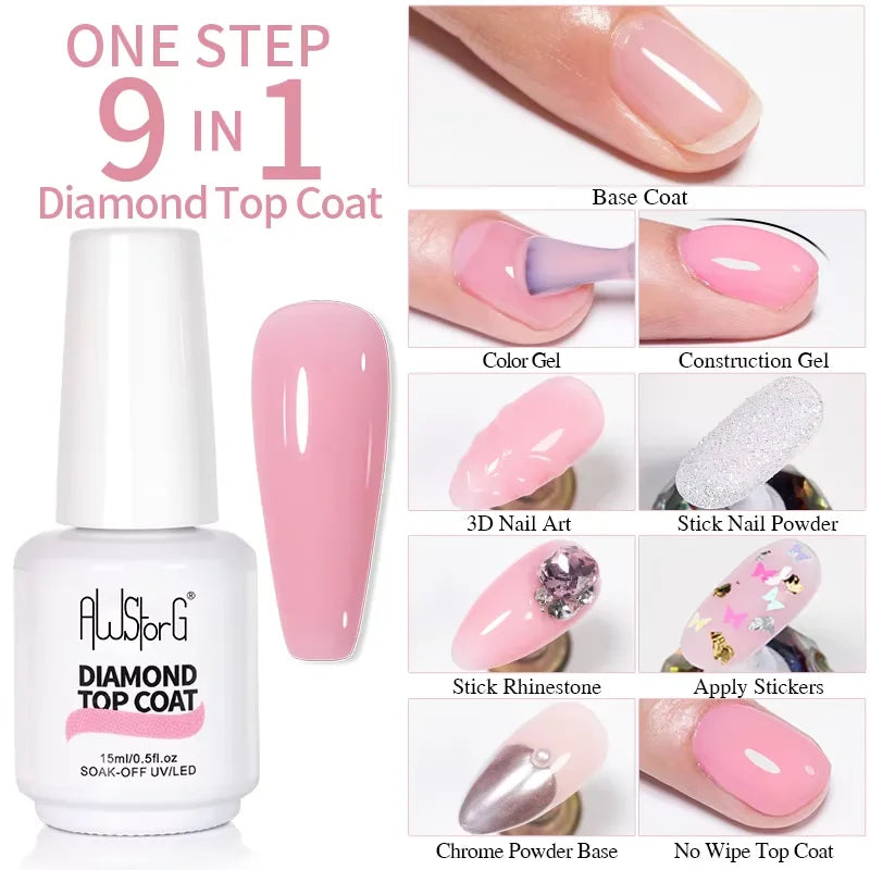 AWStorG 15ml One Step Gel Polish 9 In 1 Diamond Top Coat  Reinforce Long Lasting UV Soak Off Gel Varnish High Light Nail Art
