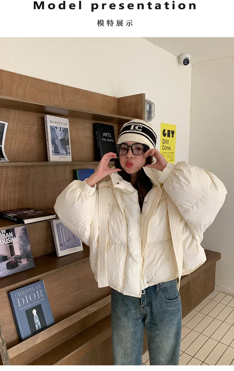 Chic Winter Cotton Coat Cropped Jackets Women Warm Design Parkas Puffer Jacket Bow Tie Streetwear Cold Jacket Winter Clothes