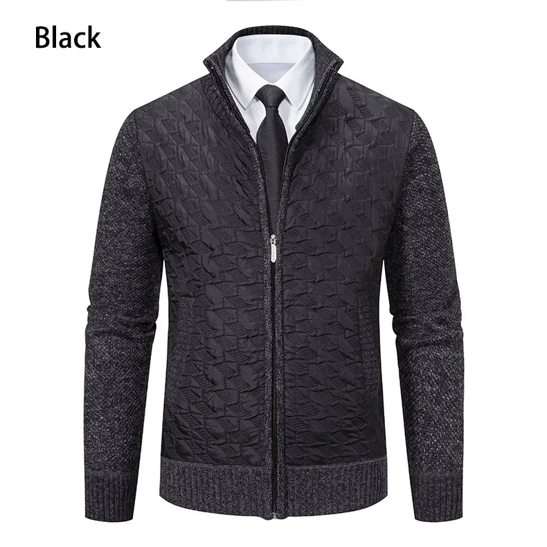 Mens Windproof Jacket Full Zip Fleeced Sweater Cardigan Contrast Stand Collar Sweaters Coat Autumn Winter Velvet Clothes