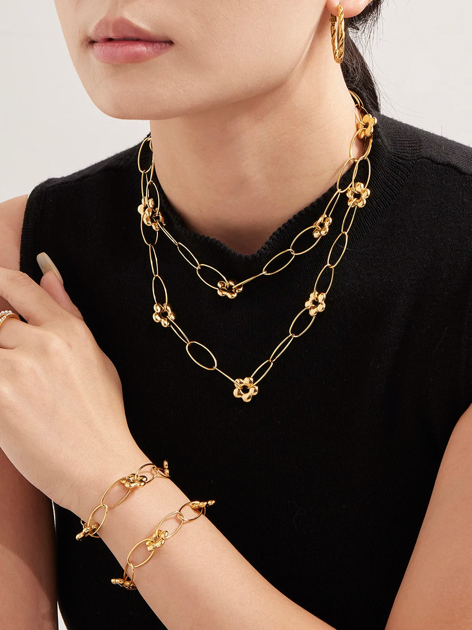 Stainless Steel Chain Necklace Bracelet For Women 18k Gold Plated Waterproof Non Tarnish Women's Bracelets Necklaces Jewelry Set