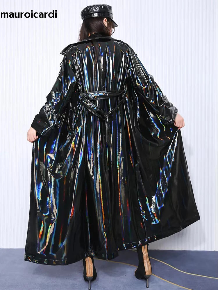 Mauroicardi Spring Soft Thin Flowy Shiny Reflective Holographic Black PVC Faux Leather Trench Coat for Women Maxi Y2K Streetwear