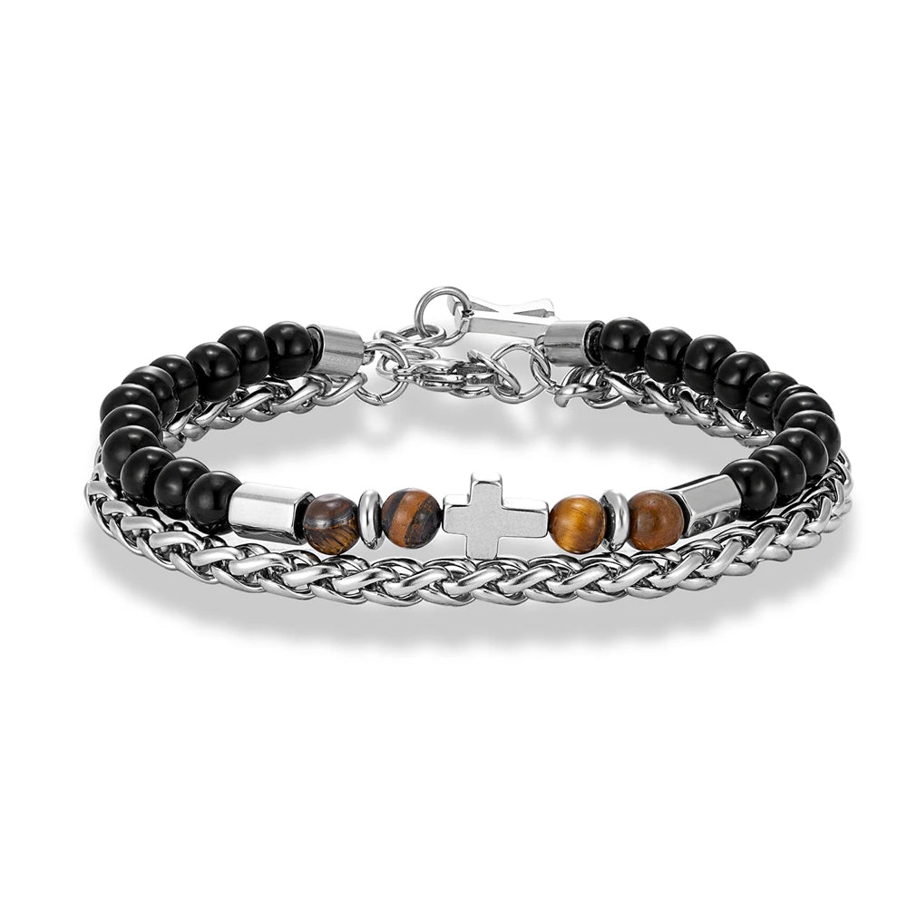 6mmTiger Eye Bead Norse Bear Head Viking Skull Cross Bracelet Men Stainless Steel Eye of Horus/Tree of Life Bangle Charm Jewelry