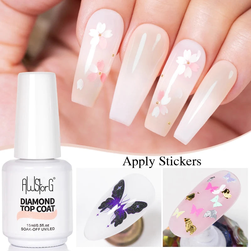 AWStorG 15ml One Step Gel Polish 9 In 1 Diamond Top Coat  Reinforce Long Lasting UV Soak Off Gel Varnish High Light Nail Art