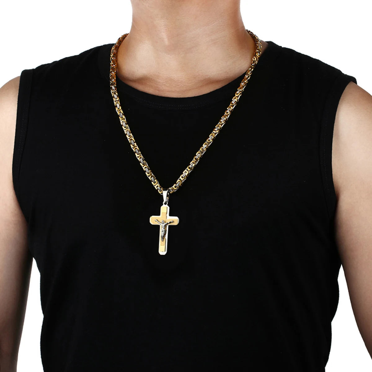 Christian Crucifix Jesus Christ Cross Necklace with Bible Stainless Steel Byzantine Chain Necklace Baptism Prayer Jewelry Men