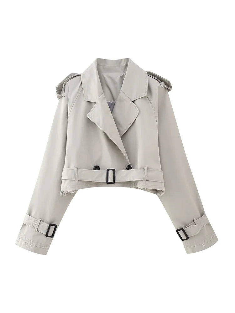 2025 Belt Cropped Trench Spring Jacket Women Vintage Streetwear Double Breasted Long Sleeve Top Female Coat Outfits