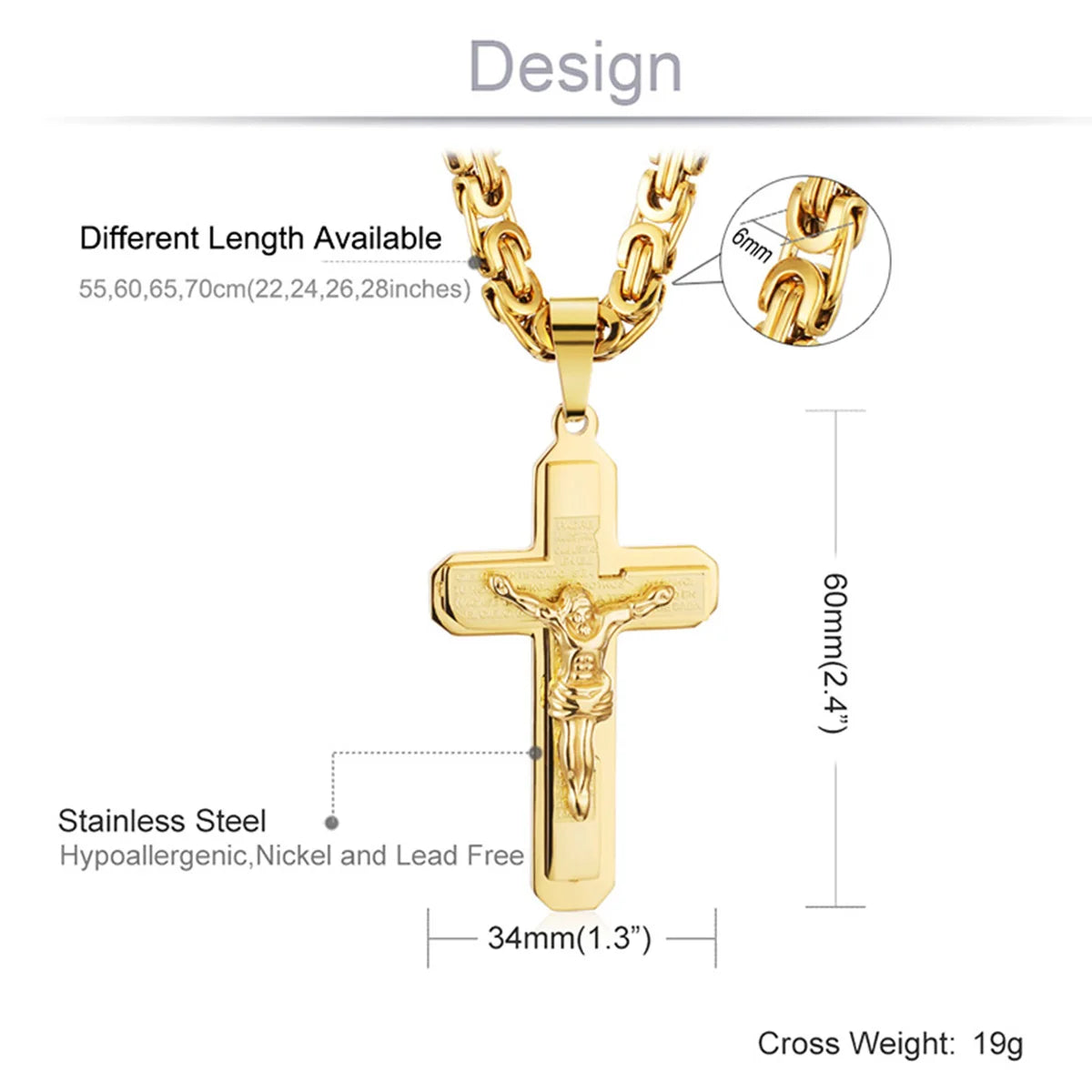 Christian Crucifix Jesus Christ Cross Necklace with Bible Stainless Steel Byzantine Chain Necklace Baptism Prayer Jewelry Men