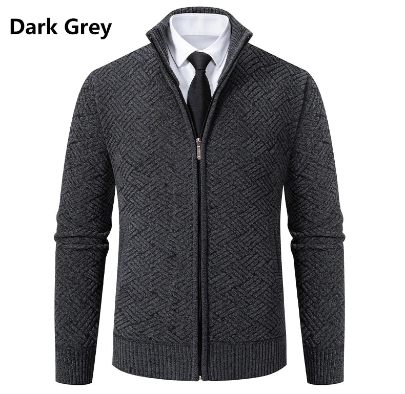 Mens Windproof Jacket Full Zip Fleeced Sweater Cardigan Contrast Stand Collar Sweaters Coat Autumn Winter Velvet Clothes