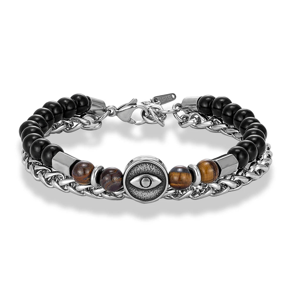 6mmTiger Eye Bead Norse Bear Head Viking Skull Cross Bracelet Men Stainless Steel Eye of Horus/Tree of Life Bangle Charm Jewelry