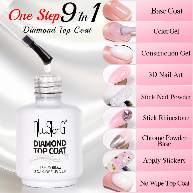 AWStorG 15ml One Step Gel Polish 9 In 1 Diamond Top Coat  Reinforce Long Lasting UV Soak Off Gel Varnish High Light Nail Art
