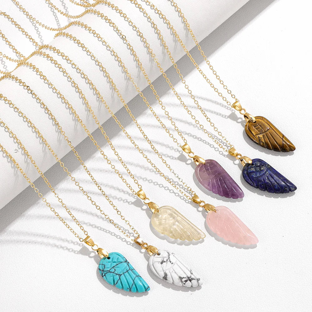Lapis Lazuli Stone Wing Pendent Necklace Natural Stone Citrines Amethysts Quartzs Gold Color Chain Necklace Jewelry Gift