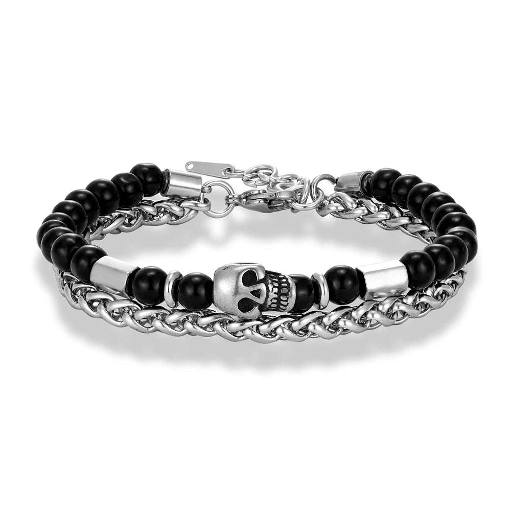 6mmTiger Eye Bead Norse Bear Head Viking Skull Cross Bracelet Men Stainless Steel Eye of Horus/Tree of Life Bangle Charm Jewelry