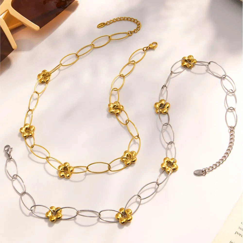 Stainless Steel Chain Necklace Bracelet For Women 18k Gold Plated Waterproof Non Tarnish Women's Bracelets Necklaces Jewelry Set