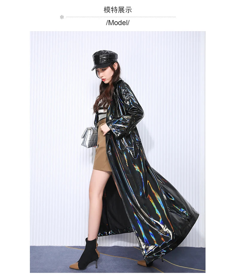 Mauroicardi Spring Soft Thin Flowy Shiny Reflective Holographic Black PVC Faux Leather Trench Coat for Women Maxi Y2K Streetwear