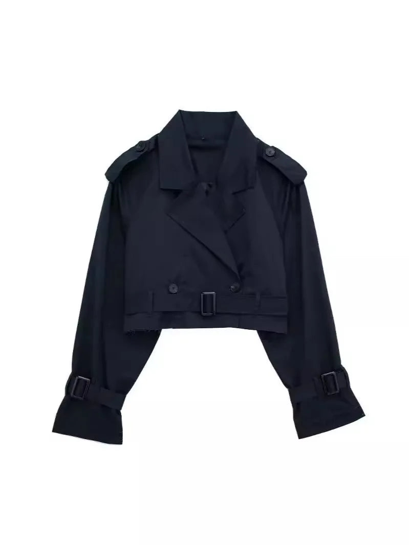 2025 Belt Cropped Trench Spring Jacket Women Vintage Streetwear Double Breasted Long Sleeve Top Female Coat Outfits