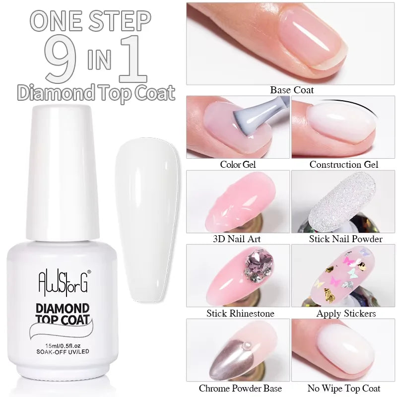 AWStorG 15ml One Step Gel Polish 9 In 1 Diamond Top Coat  Reinforce Long Lasting UV Soak Off Gel Varnish High Light Nail Art