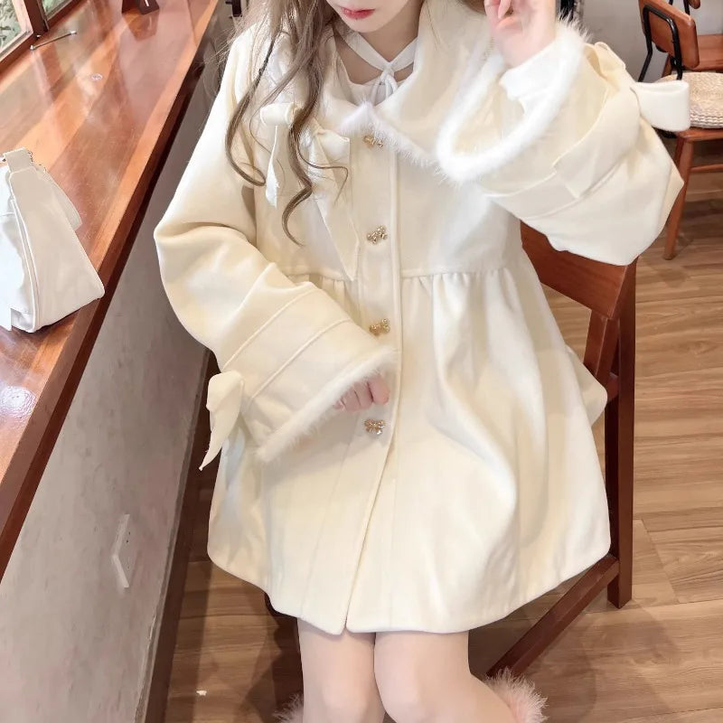 Japanese Wool Coat Women Fall Winter Clothes Fashion White Tunic Outwear 2025 Ropa Mujer Bandage Bow Thicked Jackets Tops Female