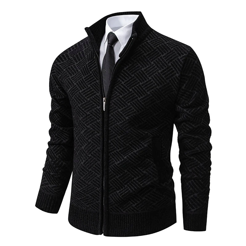 Mens Windproof Jacket Full Zip Fleeced Sweater Cardigan Contrast Stand Collar Sweaters Coat Autumn Winter Velvet Clothes