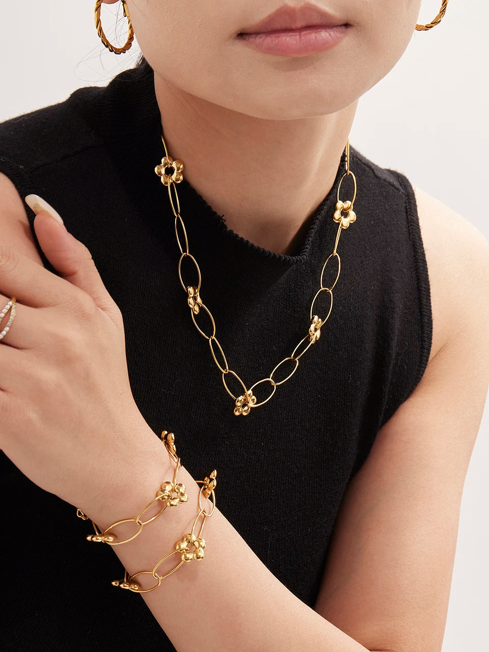 Stainless Steel Chain Necklace Bracelet For Women 18k Gold Plated Waterproof Non Tarnish Women's Bracelets Necklaces Jewelry Set