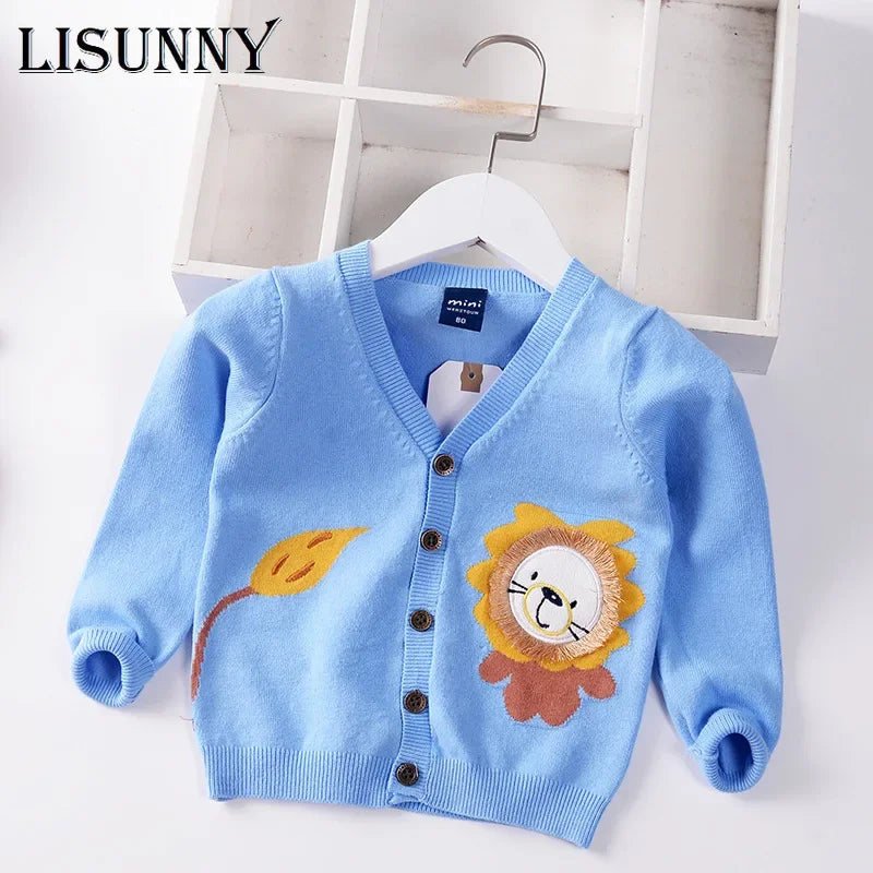 New Boys Cardigan Sweater Autumn Baby Knit Children Coat Kids Cartoon Sweater Clothes V-Neck Stripe Toddler Jacket 0-5y