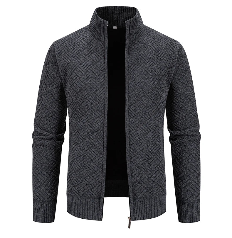 Mens Windproof Jacket Full Zip Fleeced Sweater Cardigan Contrast Stand Collar Sweaters Coat Autumn Winter Velvet Clothes