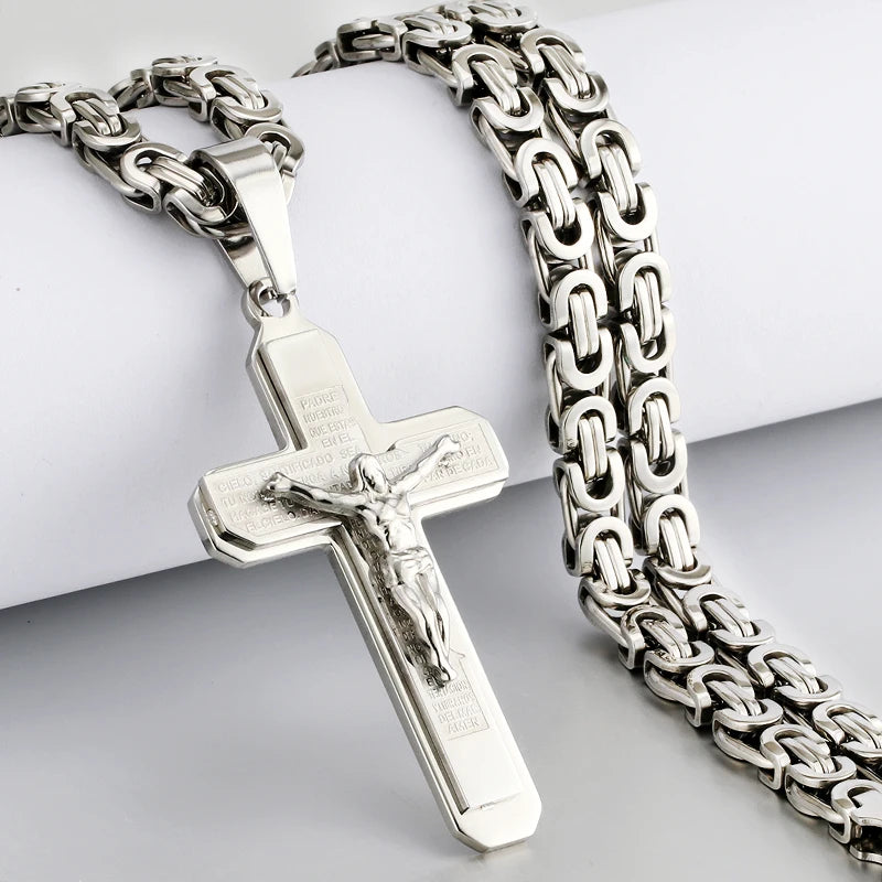 Christian Crucifix Jesus Christ Cross Necklace with Bible Stainless Steel Byzantine Chain Necklace Baptism Prayer Jewelry Men
