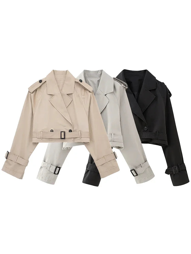 2025 Belt Cropped Trench Spring Jacket Women Vintage Streetwear Double Breasted Long Sleeve Top Female Coat Outfits