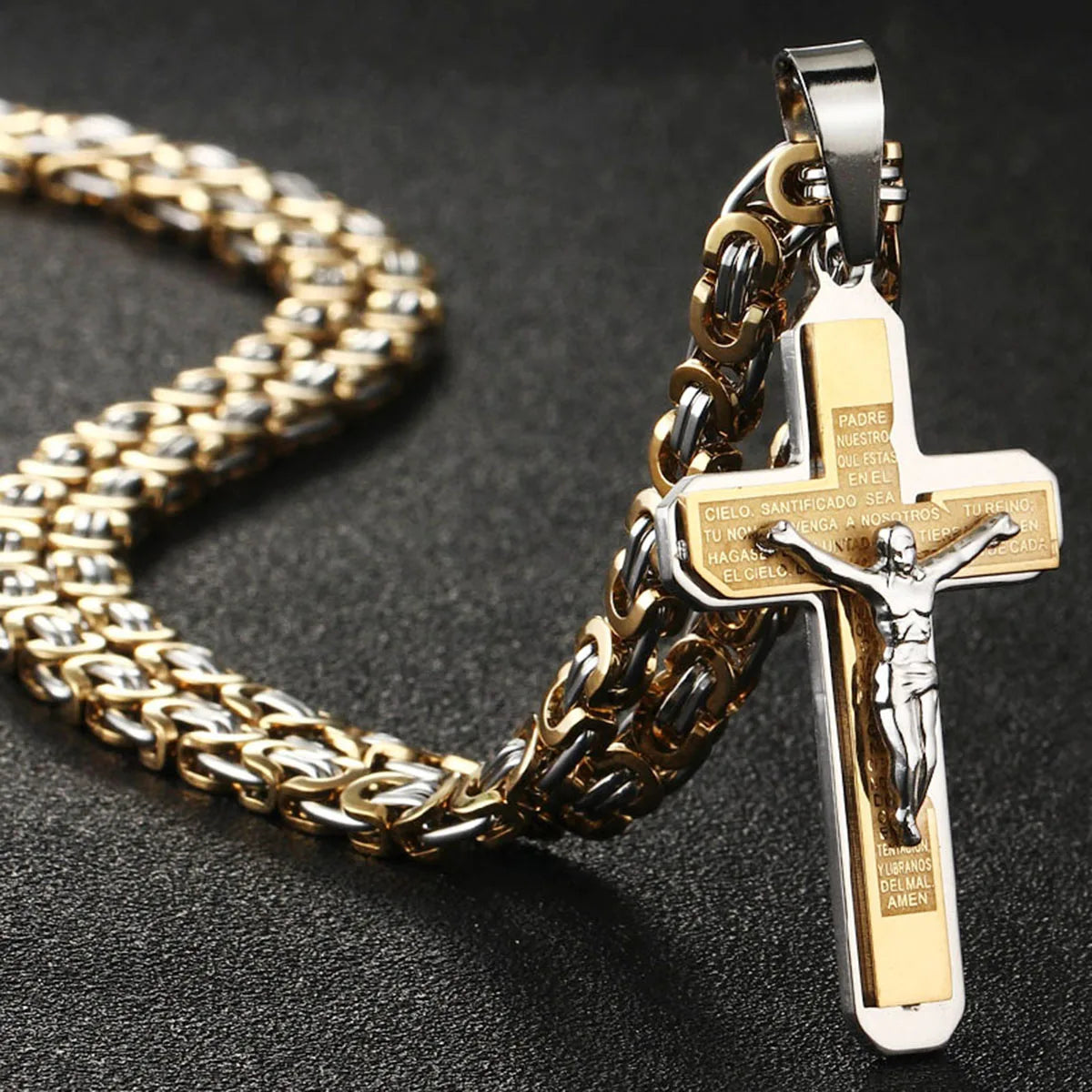 Christian Crucifix Jesus Christ Cross Necklace with Bible Stainless Steel Byzantine Chain Necklace Baptism Prayer Jewelry Men